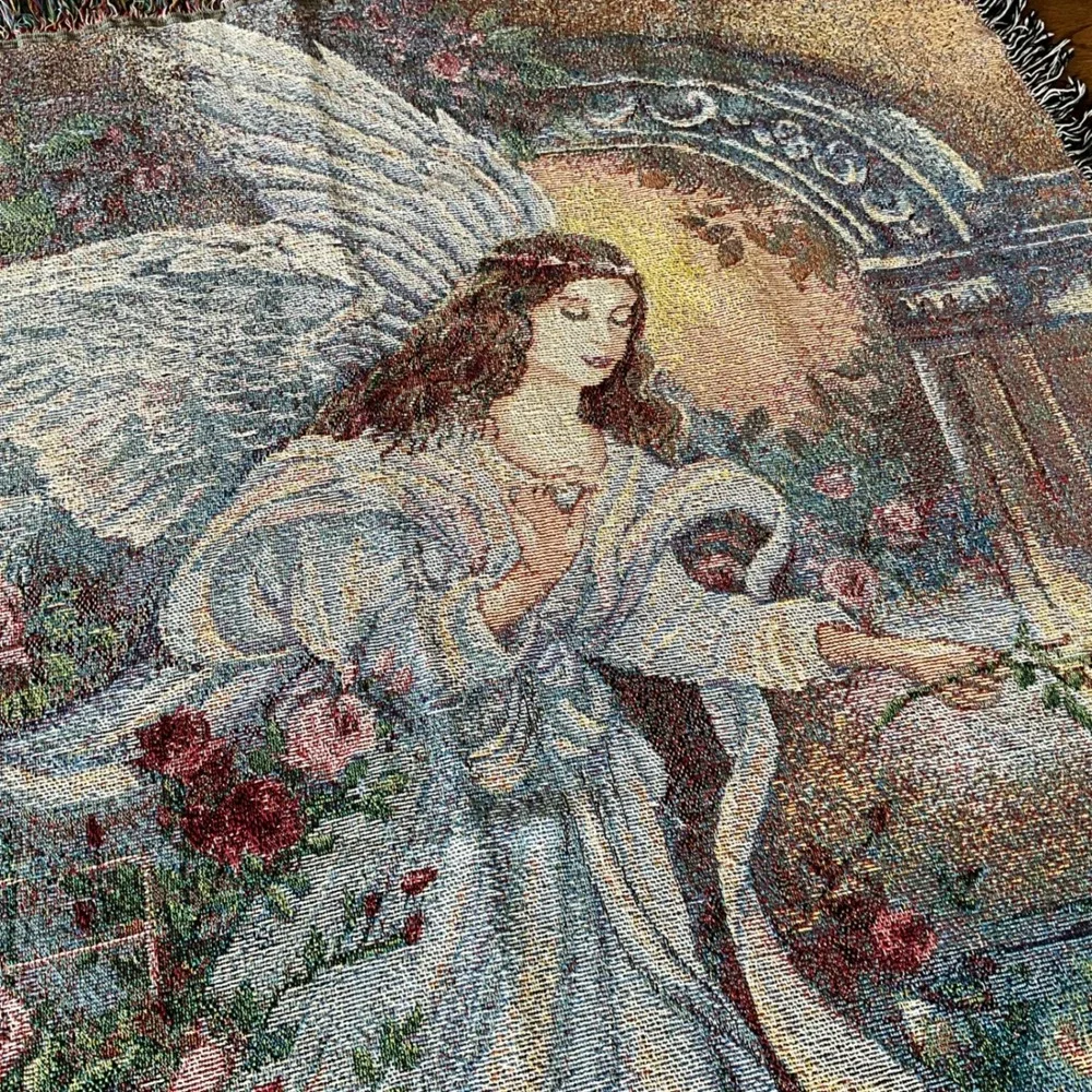 Lena Liu Woven Tapestry Throw Blanket Angel Garden Roses Fringed USA Cottagecore